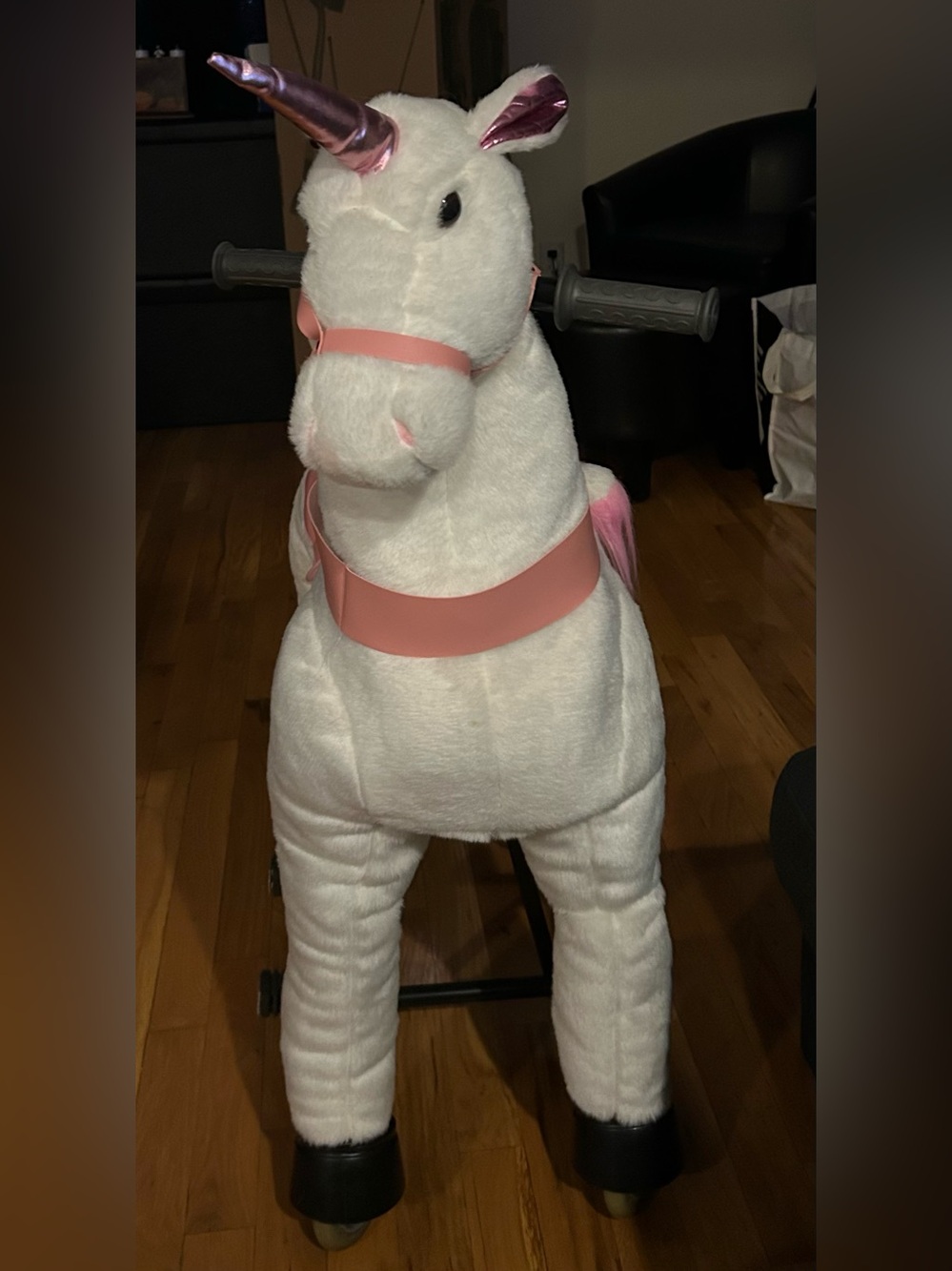 Plush White and Pink Ride-On Unicorn Toy with Handle Grips